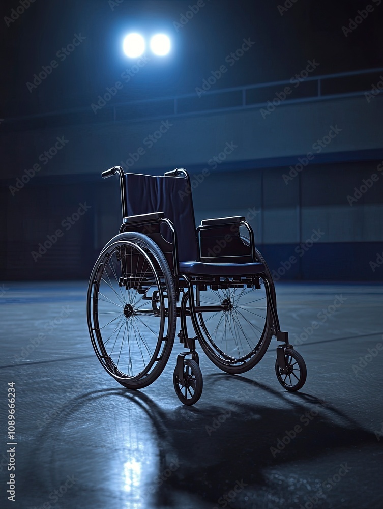 a realistic wheelchair is placed in the middle of a gymnasium in the dark, with a single light shining on it. generative ai a realistic wheelchair is placed in the middle of a gymnasium in the dark, with a single light shining on it. generative ai