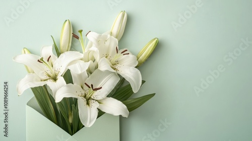 White lilies in a pale green envelope on a light cream background, classic and elegant generative ai