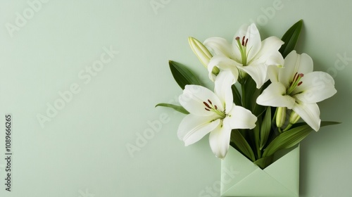 White lilies in a pale green envelope on a light cream background, classic and elegant generative ai