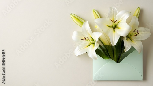 White lilies in a pale green envelope on a light cream background, classic and elegant generative ai