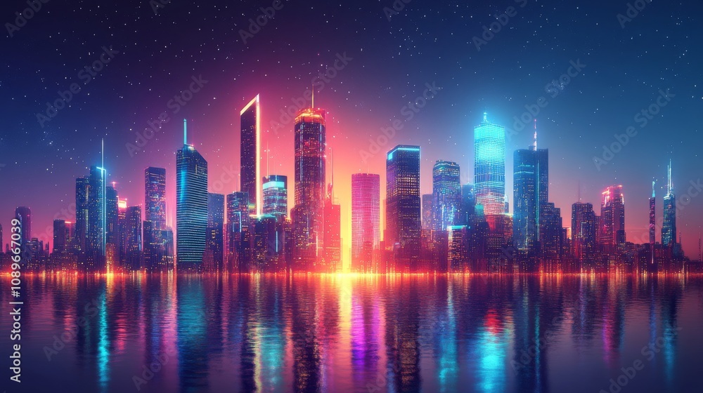 Obraz premium Neon Cityscape Reflecting In Water Under Starry Night