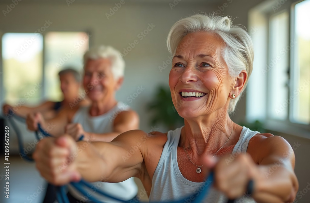 Obraz premium Portrait of happy senior woman exercising with friends in fitness class at home