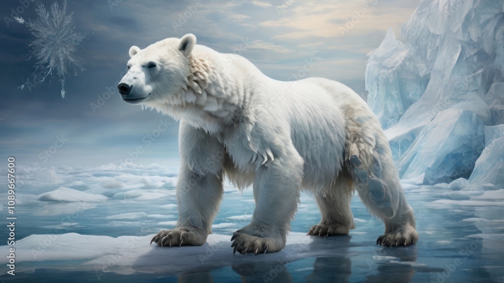 A majestic polar bear stands on a melting ice floe, highlighting the impact of climate change on Arctic wildlife. A majestic polar bear stands on a melting ice floe, highlighting the impact of climate change on Arctic wildlife.