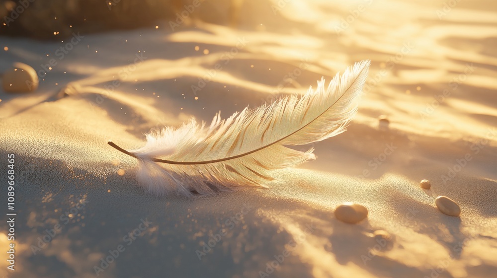 A delicate feather resting on a sandy beach with warm sunlight illuminating the scene. A delicate feather resting on a sandy beach with warm sunlight illuminating the scene.