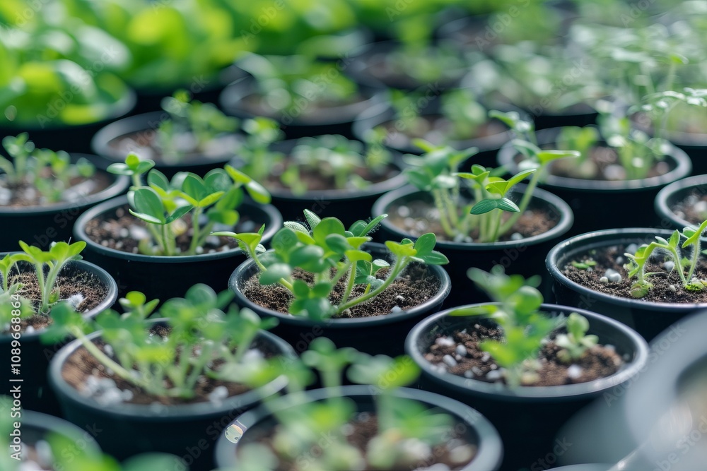 Rows of small green seedlings growing in pots inside of a greenhouse, ready to be transplanted Rows of small green seedlings growing in pots inside of a greenhouse, ready to be transplanted