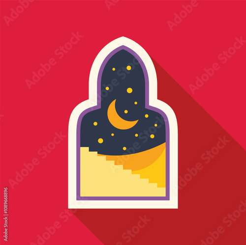 Sticker of an arabian window showing stairs leading to a crescent moon and a starry night sky