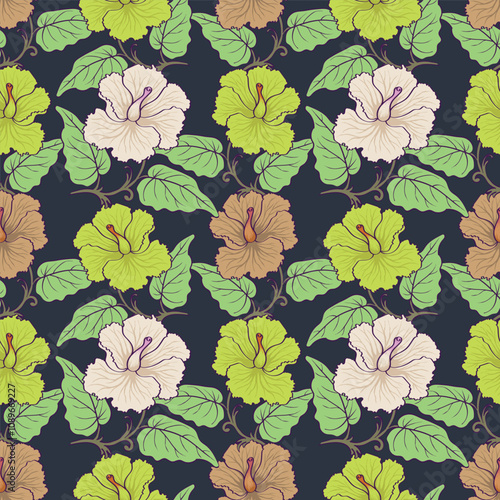 Trendy Floral pattern in the many kind of flowers. Tropical botanical Motifs scattered random. Seamless vector texture. Printing with in hand drawn style on dark background