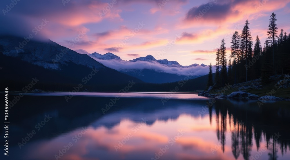 Serene lake at sunset with mountains Serene lake at sunset with mountains