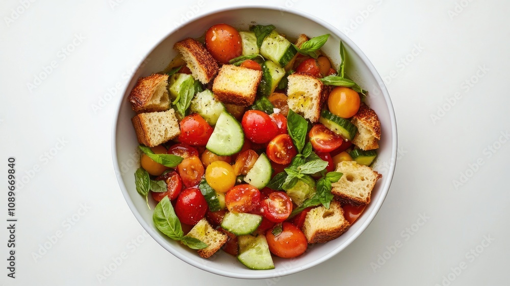 Fresh and Colorful Salad with Cherry Tomatoes, Cucumbers, Basil, and Crunchy Bread Cubes in a White Bowl on a Minimalist Background Fresh and Colorful Salad with Cherry Tomatoes, Cucumbers, Basil, and Crunchy Bread Cubes in a White Bowl on a Minimalist Background