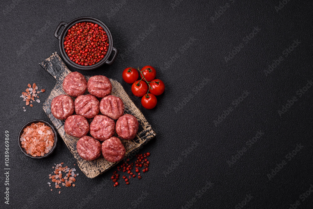Raw meatballs of minced meat beef, pork or chicken with salt, spices Raw meatballs of minced meat beef, pork or chicken with salt, spices
