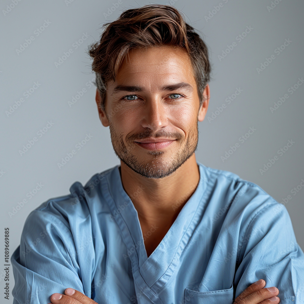 Obraz premium Portrait of a doctor in blue uniform Medical protective clothes with on neutral grey background isolated. Male beautiful young intern man . Healthcare avatar icon