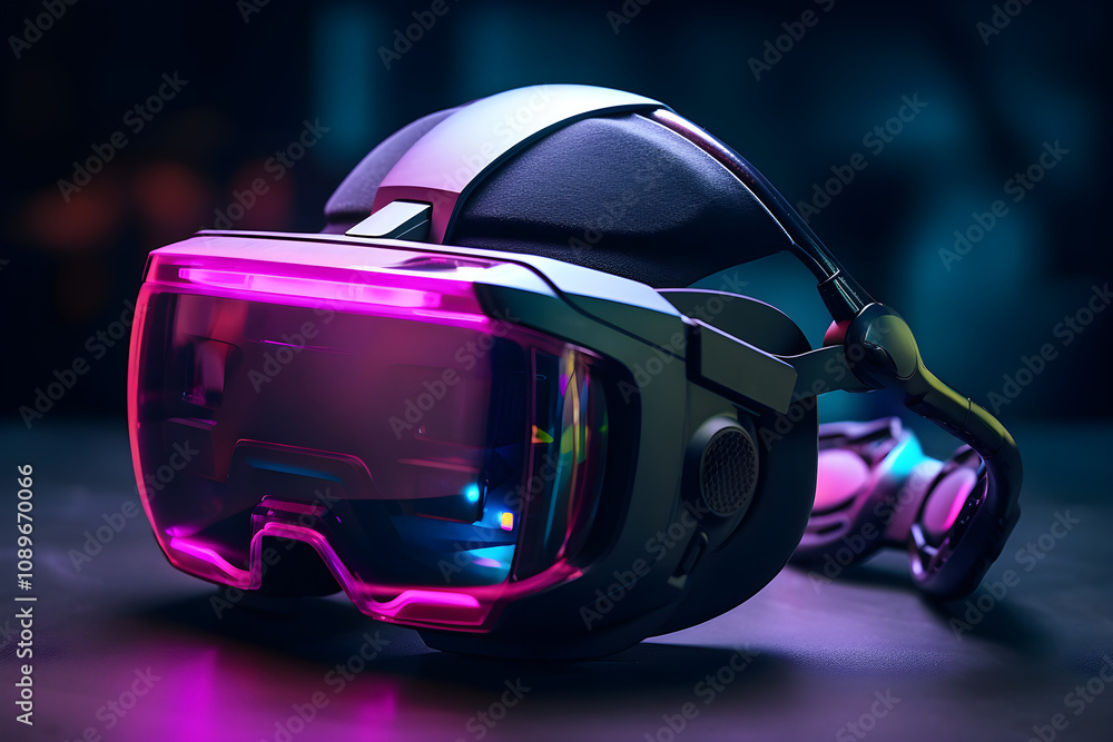 Futuristic virtual reality headset with neon lights and tech vibes Futuristic virtual reality headset with neon lights and tech vibes
