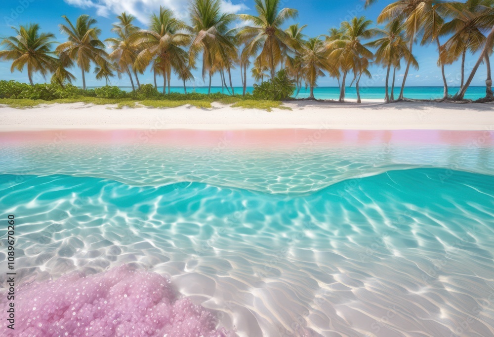 Fototapeta premium vibrant beach scene featuring colorful crystal clear soft whimsical lush tropical bright sunlight reflecting shoreline, sand, water, sky, wave, palm, shell
