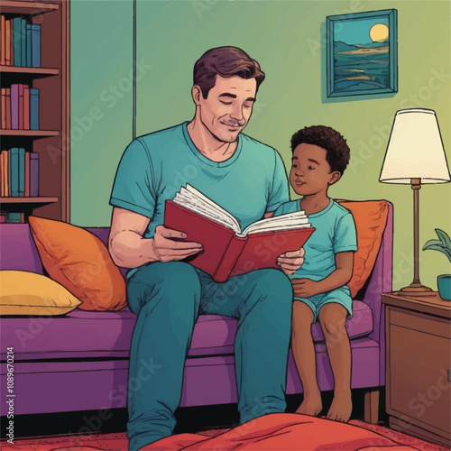 Father reading a book to his African American son on a purple couch