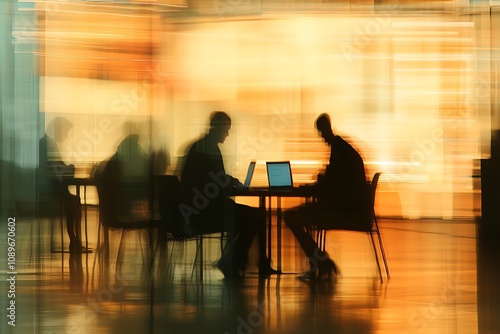 Abstract blurred background of employees working on laptops in an office