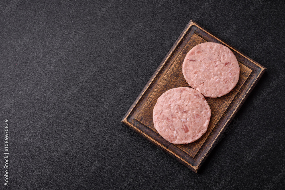 Naklejka premium Raw chicken burger cutlet with salt, spices and herbs