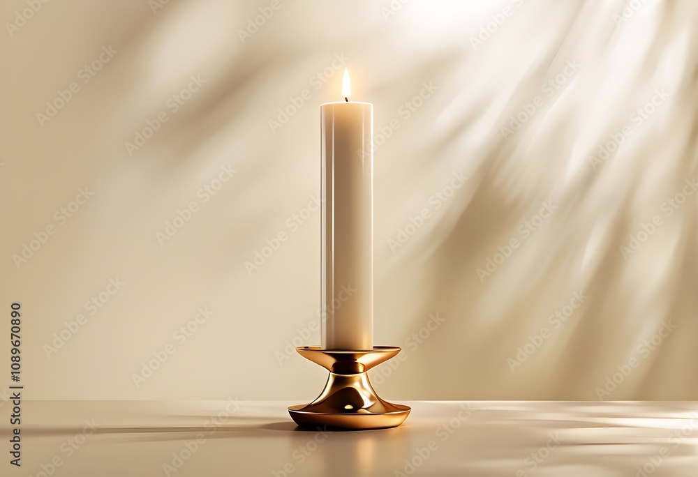 Single White Candle in Golden Holder with Soft Glow and Bokeh on Cream Background Single White Candle in Golden Holder with Soft Glow and Bokeh on Cream Background