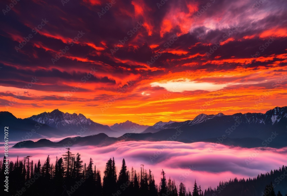 Εκτύπωση καμβά breathtaking mountain landscapes dramatic sunrise silhouettes describing majesti