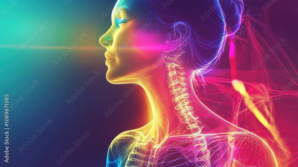 Ethereal Representation of the Human Anatomy with Colorful Light Effects Highlighting the Neck and Spine in a Dreamlike Setting Ethereal Representation of the Human Anatomy with Colorful Light Effects Highlighting the Neck and Spine in a Dreamlike Setting