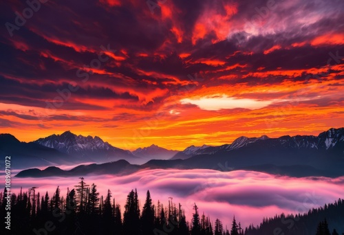 breathtaking mountain landscapes dramatic sunrise silhouettes describing majestic beauty, clouds, sky, peak, horizon, scenery, nature, vista, view, light