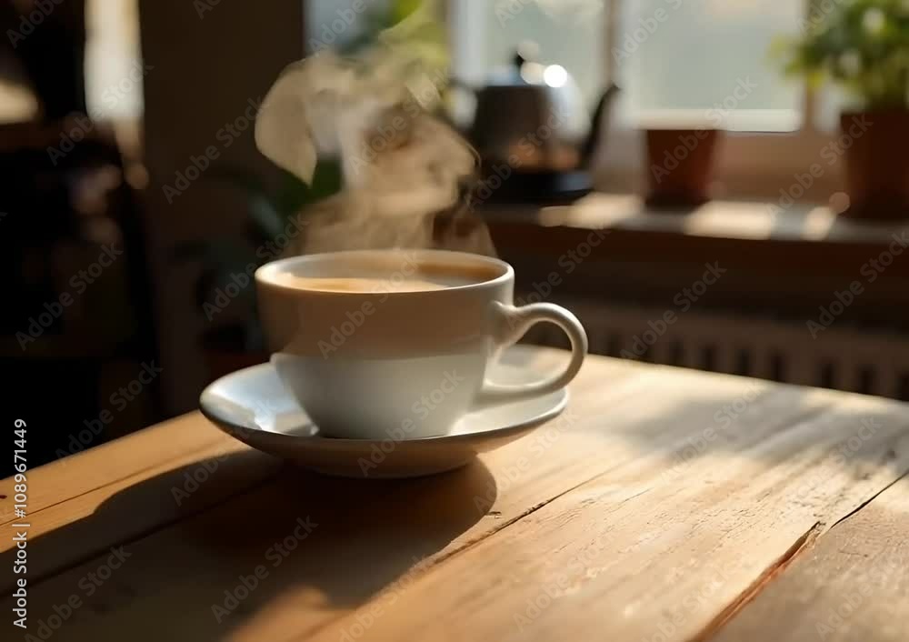 Steaming Cup of Coffee on a Rustic Wooden Table in Morning Light Steaming Cup of Coffee on a Rustic Wooden Table in Morning Light