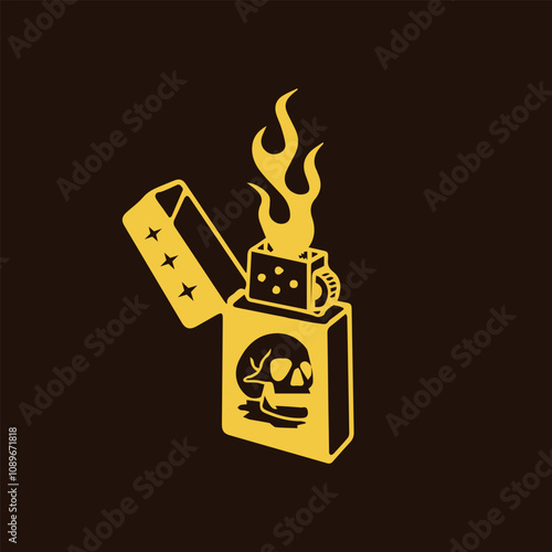 Vintage old ancient classic Metal Gas Lighter, Skull Design, Modern Tattoo Style Vector Illustration
