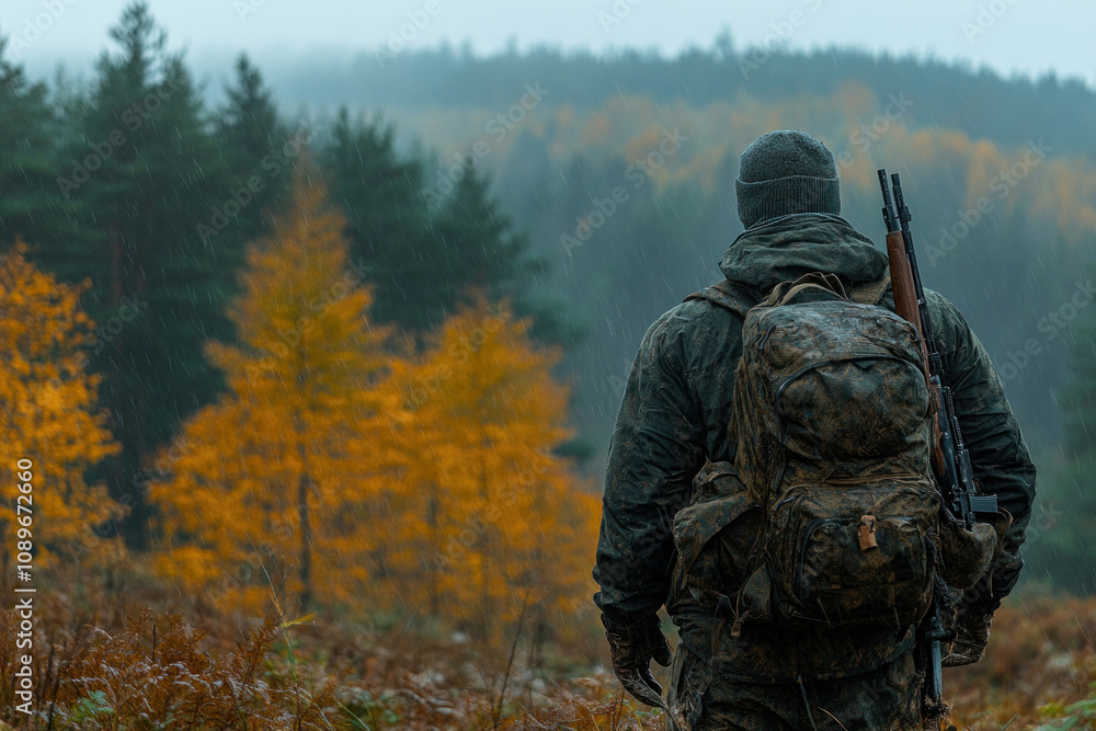 a man standing with his back to the forest in rainy weather. He is wearing camouflage clothing and a gray hat, carrying a large dirty backpack and a rifle. a man standing with his back to the forest in rainy weather. He is wearing camouflage clothing and a gray hat, carrying a large dirty backpack and a rifle.