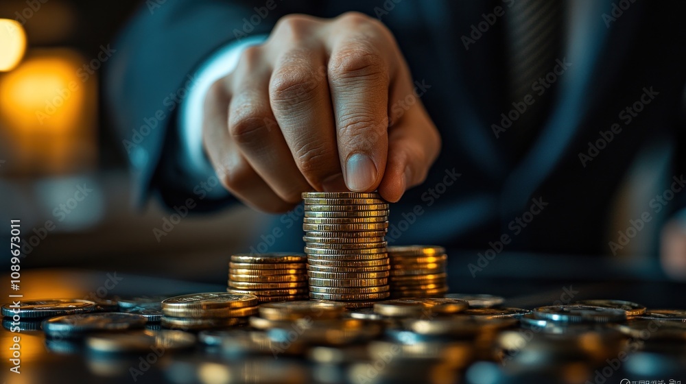 Hand stacking gold coins on a table. Hand stacking gold coins on a table.