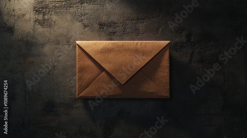 A simple brown envelope resting on a dark, textured surface, illuminated by dramatic lighting, creating a moody and minimalistic atmosphere. 