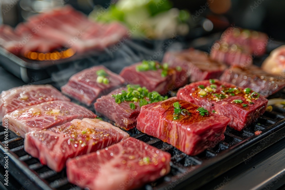 Grilling assorted cuts of fresh beef on a barbecue in a lively outdoor setting during a summer cookout with herbs and spices Grilling assorted cuts of fresh beef on a barbecue in a lively outdoor setting during a summer cookout with herbs and spices