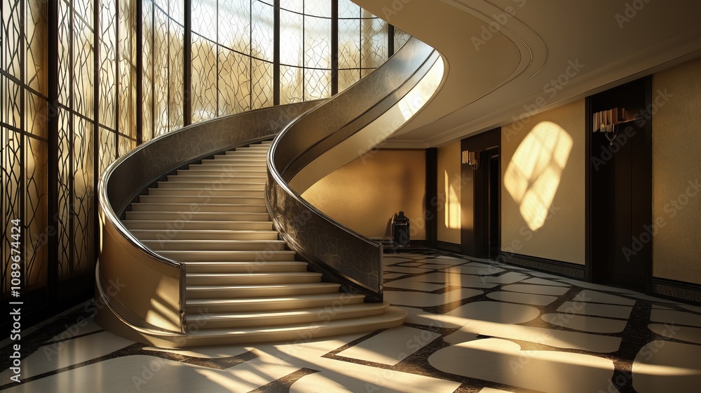Obraz premium Symmetrical Art Deco Staircases Enhance Elegance in a Modern Interior Space