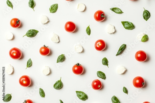 A vibrant arrangement of fresh tomatoes, basil leaves, and mozzarella balancing simplicity with a touch of culinary artistry