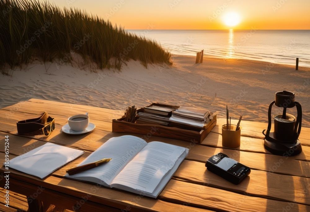 Fototapeta premium embrace productivity organized tools amidst tranquil beach horizon featuring soft sands ocean waves, workspace, design, scene, nature, relaxation, blue