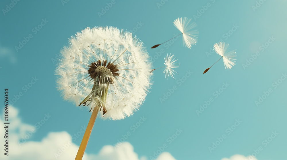 Fototapeta premium Dandelion in Close-Up with Seeds Drifting Away