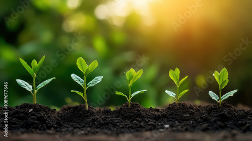 A row of young plants are growing in the dirt