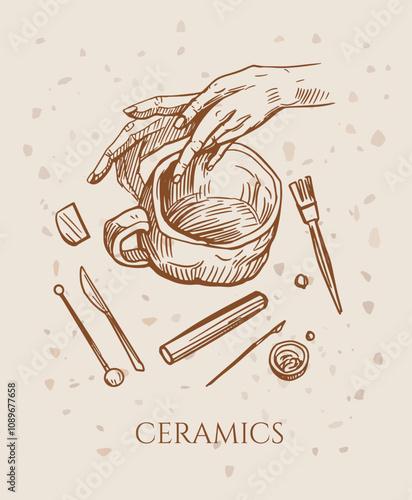 Hands sculpting a mug from clay, ceramics, hand drawn monochrome illustration, vector sketch