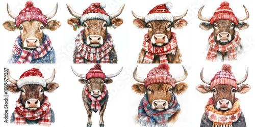 Cute Bulls in Winter Hats Watercolor Illustration - Adorable watercolor painting of eight bulls wearing cozy winter hats and scarves. Symbolizes warmth, winter, holidays, animals, and festive cheer.