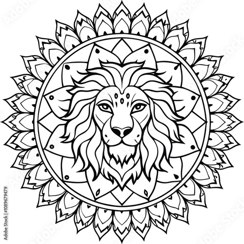 Intricate lion mandala design for relaxation and coloring. A detailed illustration of a majestic lion within an elaborate floral mandala