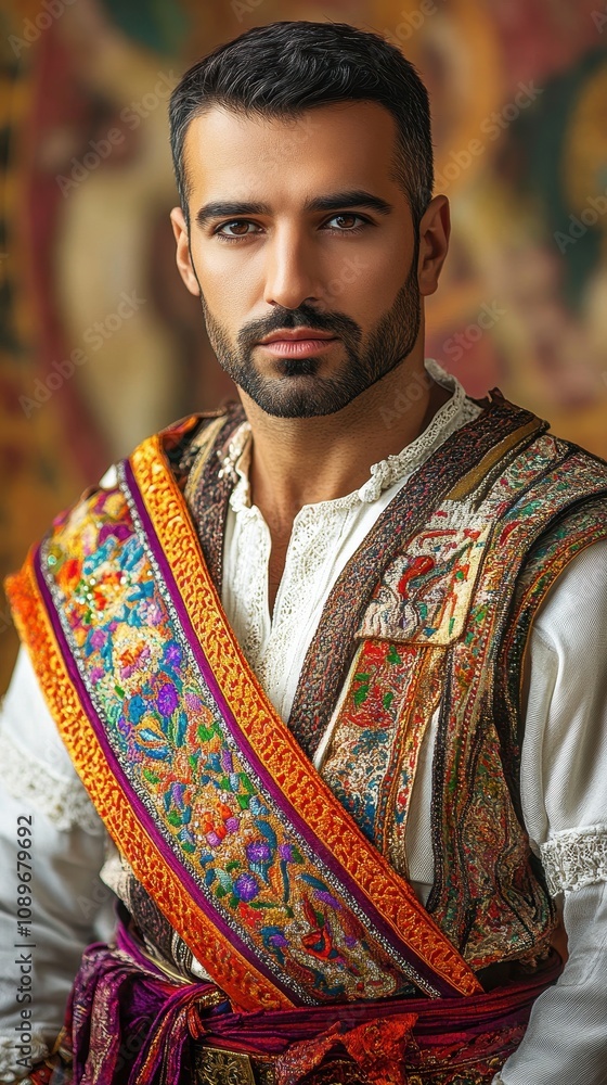 Obraz premium Azerbaijani man in vibrant festival attire, showcasing cultural heritage and pride