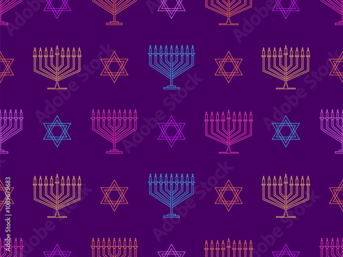 Hanukkah seamless pattern with menorah with nine candle and Star of David. Nine lit Hanukkah candles. Design for invitation flyers, brochures and promotional items. Vector illustration