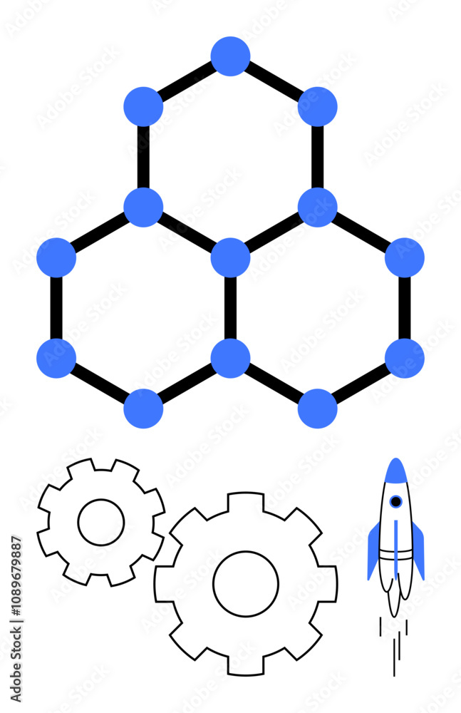 Geometric hexagonal network with connecting nodes, two interlocking gears, and a rocket taking off. Ideal for technology, engineering, innovation, network systems, startup launch, mechanical Geometric hexagonal network with connecting nodes, two interlocking gears, and a rocket taking off. Ideal for technology, engineering, innovation, network systems, startup launch, mechanical