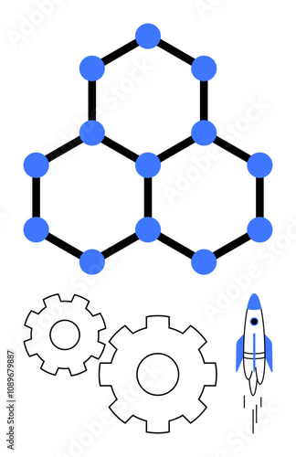 Geometric hexagonal network with connecting nodes, two interlocking gears, and a rocket taking off. Ideal for technology, engineering, innovation, network systems, startup launch, mechanical