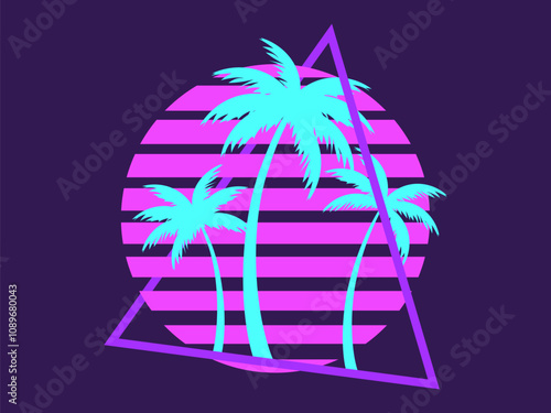 Palm trees at sunset retro sun in 80s style. Retro futuristic silhouettes of palm trees against the sun in a triangular frame. Synthwave style. Design for banners and posters. Vector illustration
