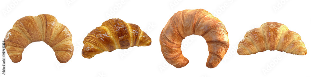 Freshly baked croissant isolated on transparent background, Set of Freshly baked croissant isolated on transparent background, Set of