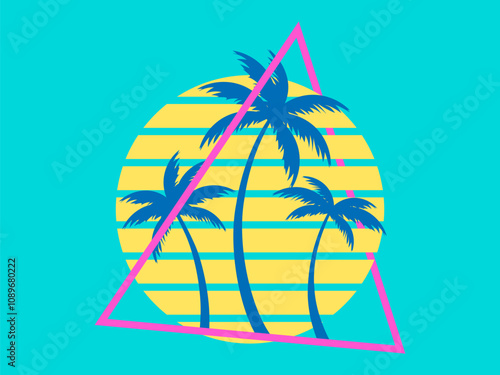 Palm trees at sunset retro sun in 80s style. Retro futuristic silhouettes of palm trees against the sun in a triangular frame. Synthwave style. Design for banners and posters. Vector illustration
