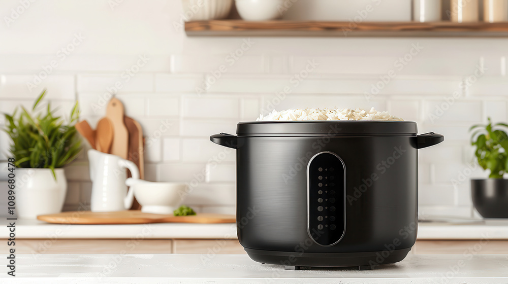 Slow cook rice for a hearty meal. Rice cooker on kitchen countertop with rice.