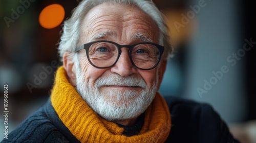 Older man with glasses and a yellow scarf smiling photo