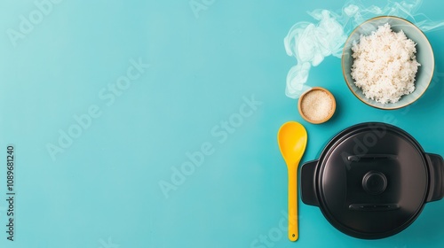 Slow cook rice for a hearty meal. Cooking utensils and rice on a blue background photo