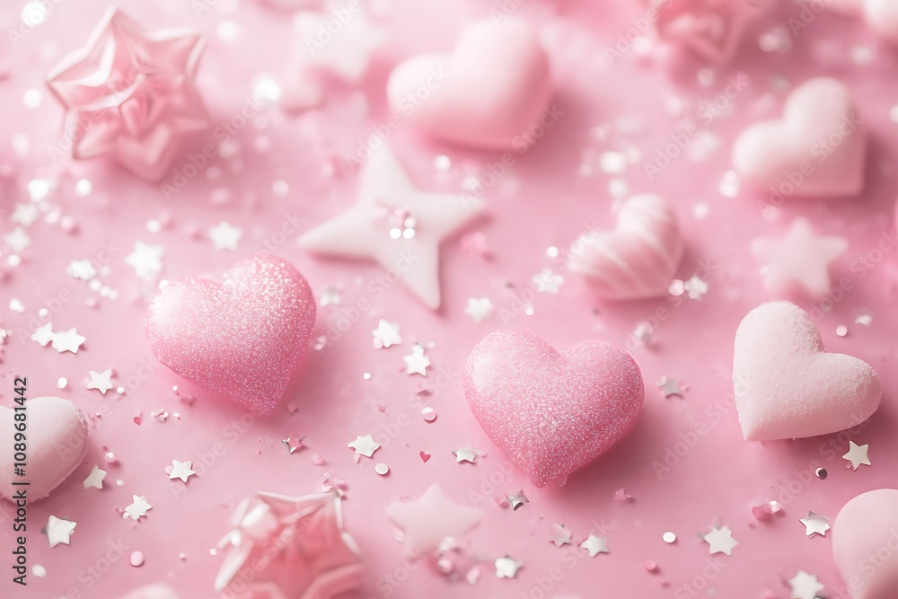 Fototapeta premium Blush pink background with soft star and heart shapes