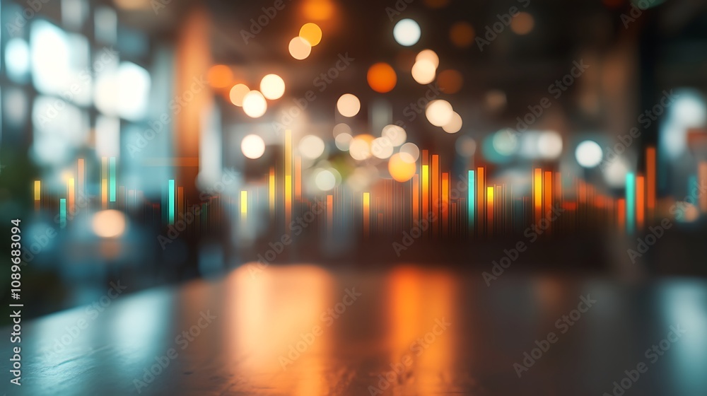 Blurred business office space with glowing market analysis graphs Blurred business office space with glowing market analysis graphs
